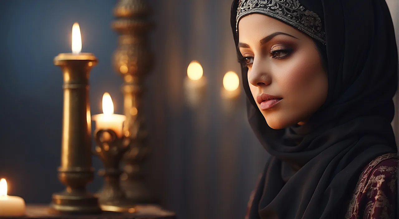 a woman in a hijab looking at a candle