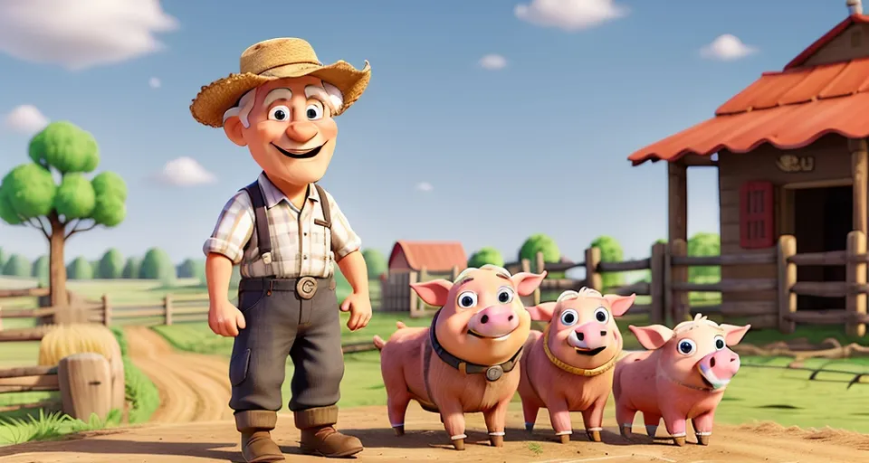 a man standing next to three pigs on a dirt road