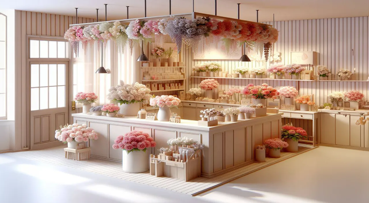 a flower shop filled with lots of pink and white flowers