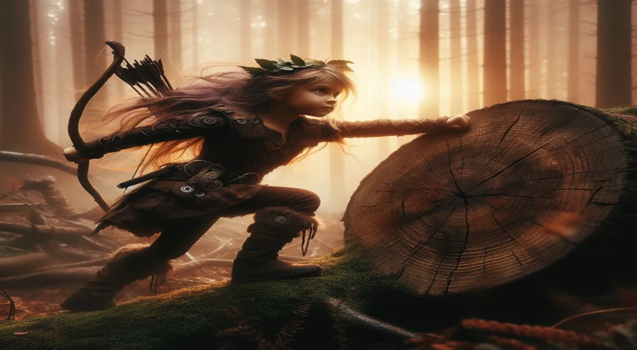 a young girl holding a bow and arrow in a forest