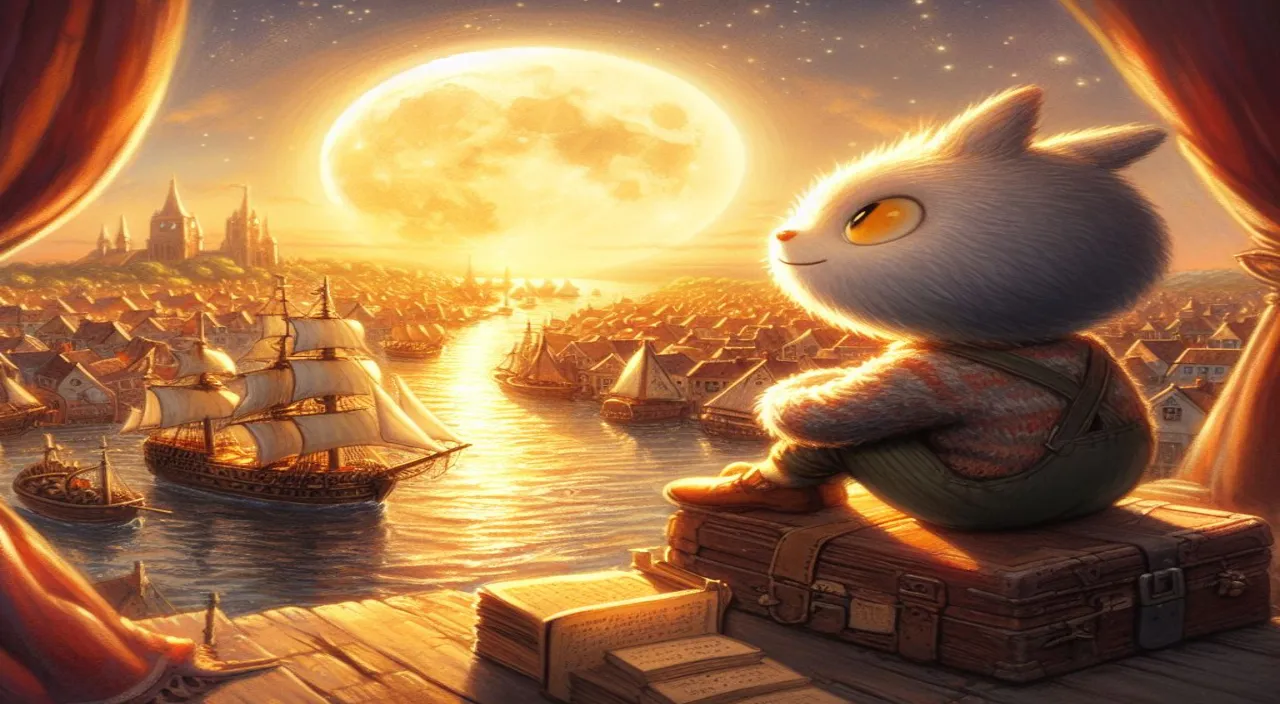 boat, light, orange, moon, art, cartoon, painting, heat, cat, felidae