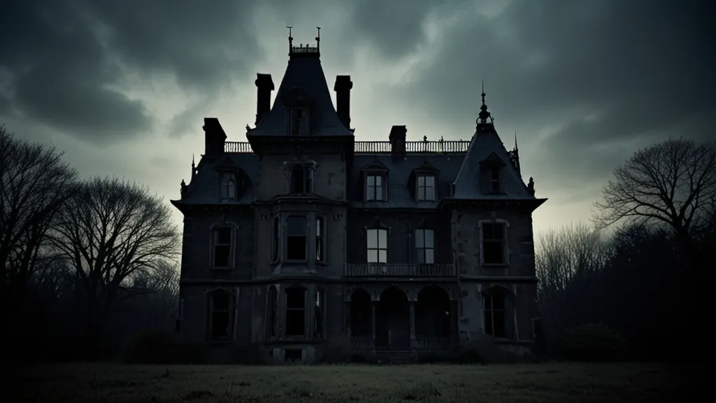 a creepy house with a dark sky in the background