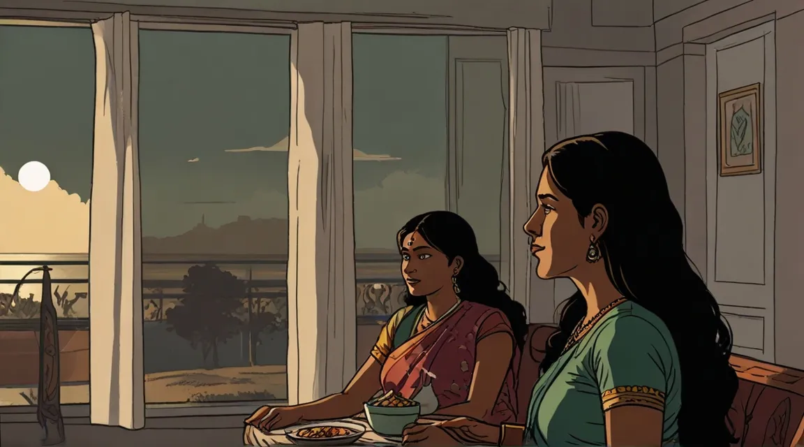 a couple of women sitting at a table in front of a window