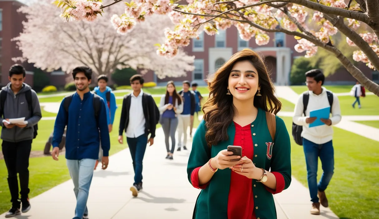 Campus Serenade: On a university campus, a Pakistani girl walking under a blossoming tree, a Bollywood song softly playing from her phone. The 4K wide shot captures students walking by and studying, but her smile and dreamy gaze reveal she is thinking about her boyfriend, who is attending a university in the United States, lost in her own romantic world.