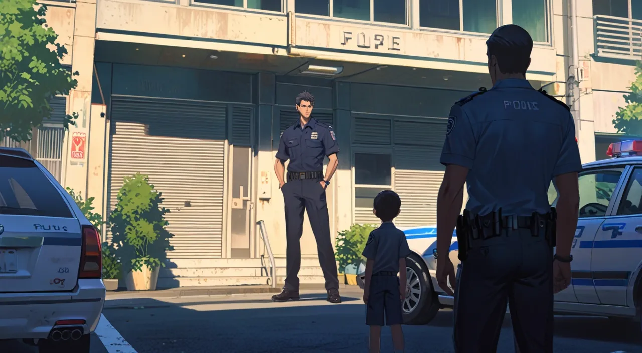 a police officer and a boy standing in front of a building 