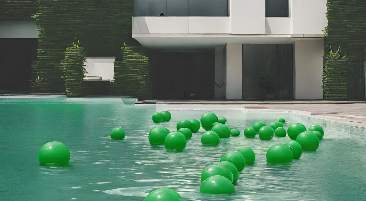 a pool with green balls floating in it