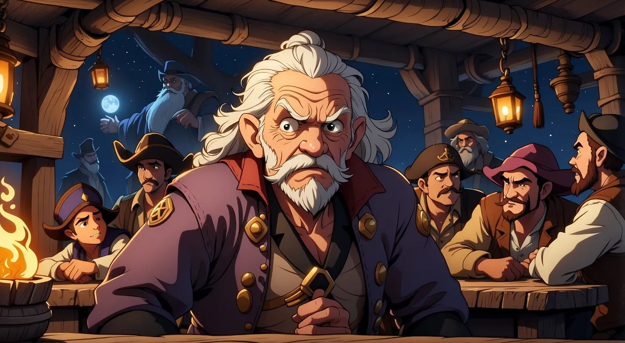 Captain pirates old man inside tavern talking , facing camera , landscape, his crew around him, in the night, tells story