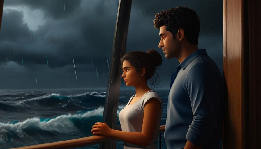 3d cartoons, personality: Ravi and Nisa comforting each other during a storm at sea. The dark clouds and raging waves should create a sense of tension, while their supportive gestures and expressions show solidarity and resilience. Unreal engine, hyper real --q 2 --v 5.2 --ar 16:9