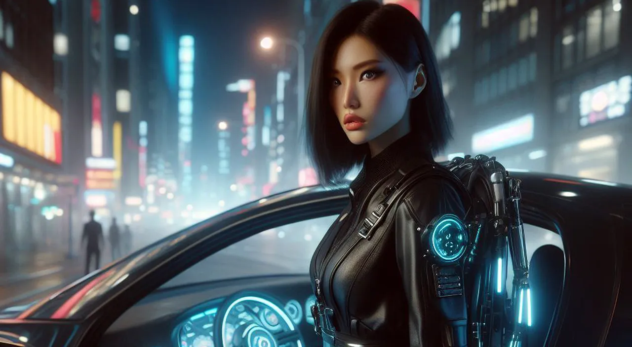 a woman in a futuristic suit standing next to a car