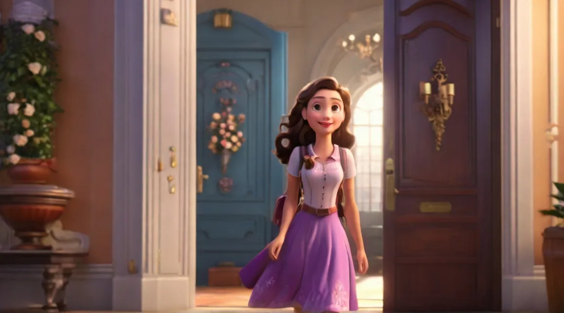 a girl in a purple dress entering a doorway