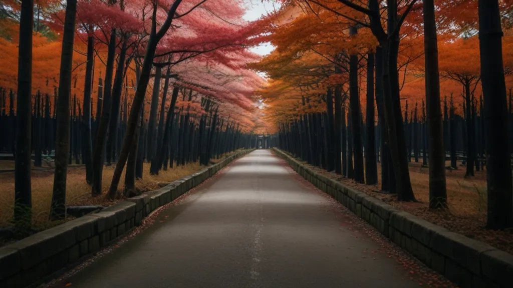 a road lined with trees with red leaves