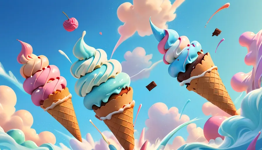 three ice cream cones with blue, pink, and white toppings