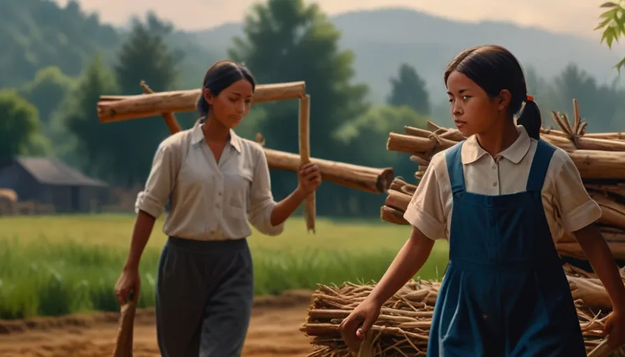 two young girls carrying logs in a rural area