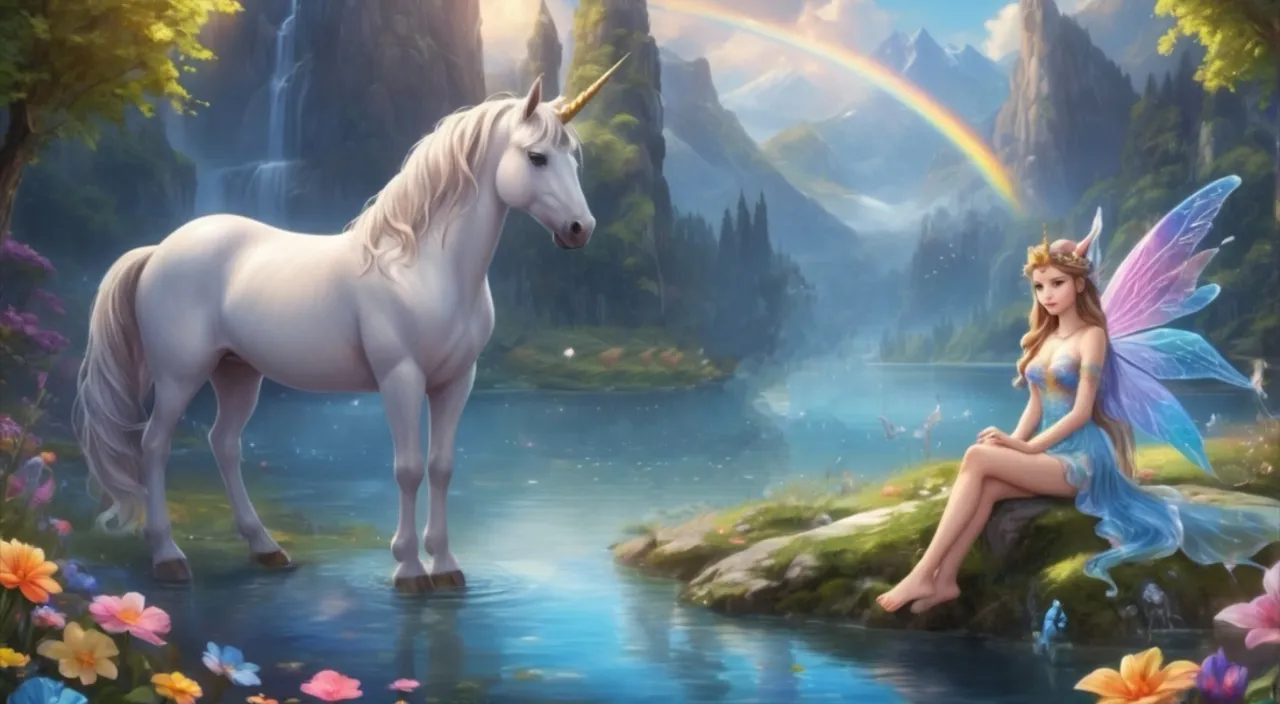 a beautiful young woman sitting on a rock next to a unicorn