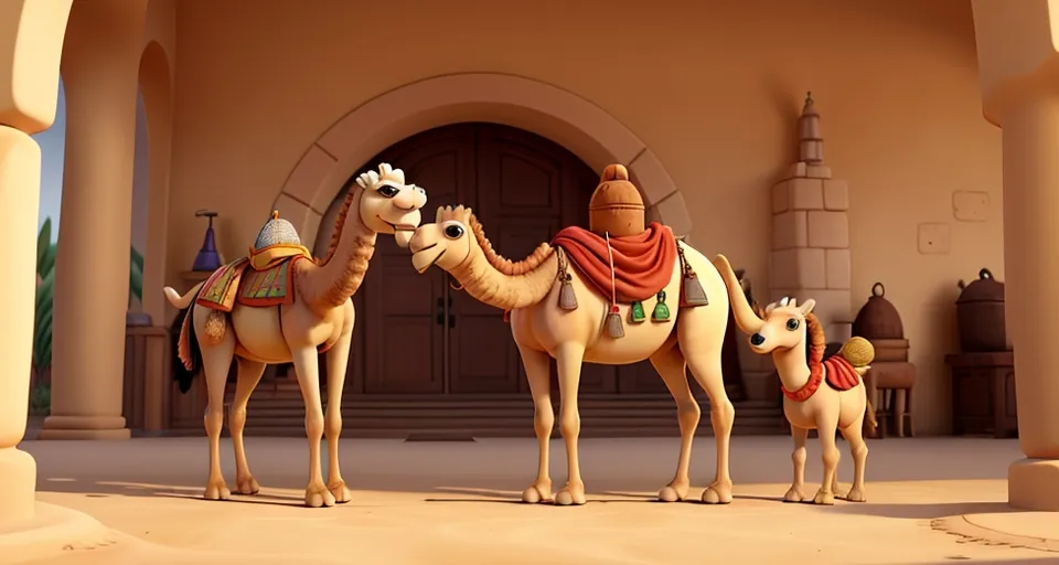 a group of three camels standing in front of a building