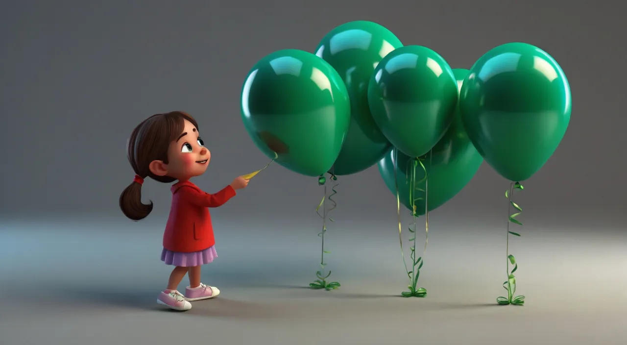 a little girl holding a bunch of green balloons