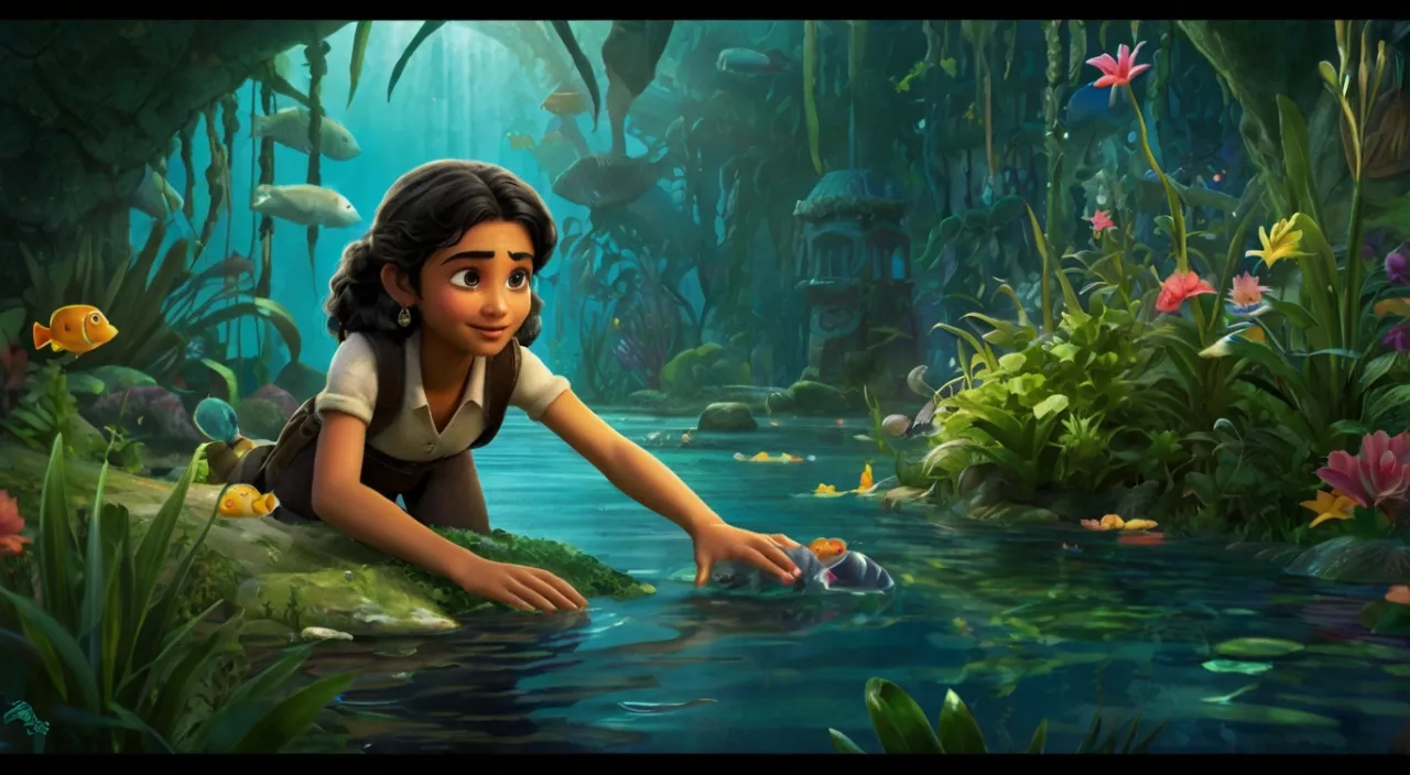 Meera the young girl dives into the pond, searching through fish and plants until she finds the black pearl and hands it to Goldie.