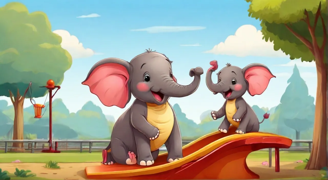 a couple of elephants sliding on top of a slide. Cartoon 