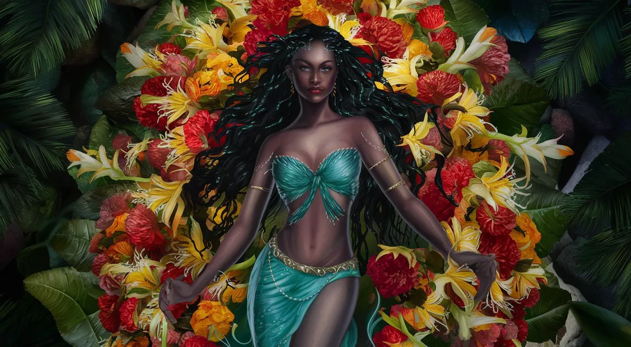 a painting of a woman in a green bikini surrounded by flowers