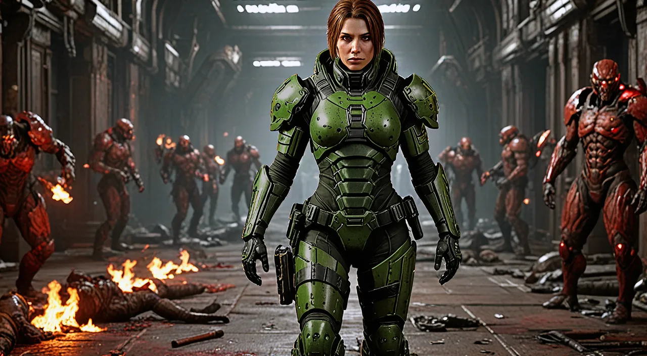 a woman in a futuristic suit standing in front of a group of zombies