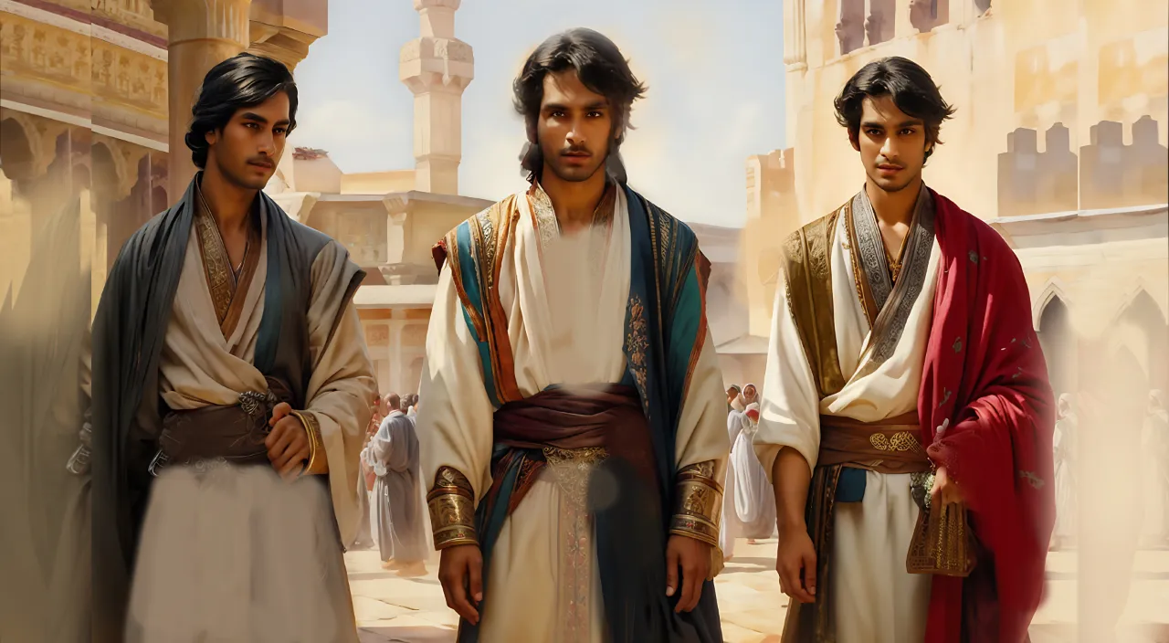 Three young men are walking in the city square of Babylon. These three men are dressed in long oriental clothes, their hair is of medium length, they have short beards. The action takes place in ancient Babylon. The style is realism, digital painting.