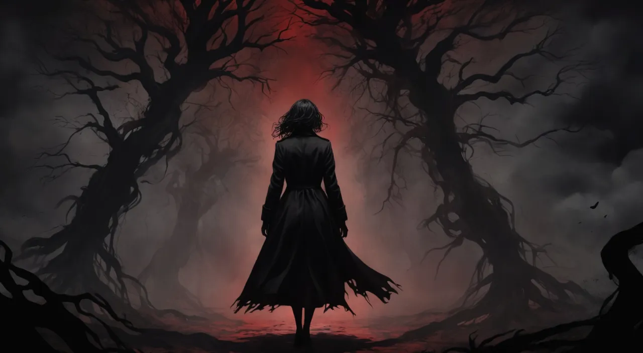 a woman standing in front of a dark forest