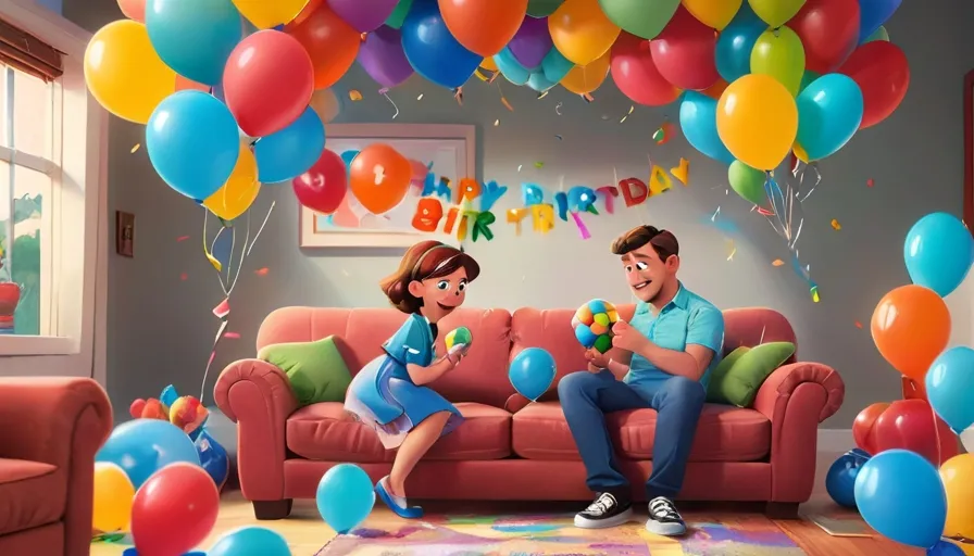 a man and a woman sitting on a couch in front of a bunch of balloons