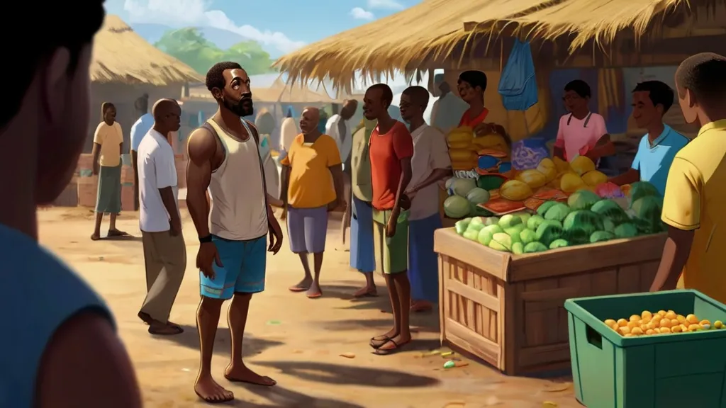 a man standing in front of a fruit stand, 3d animation