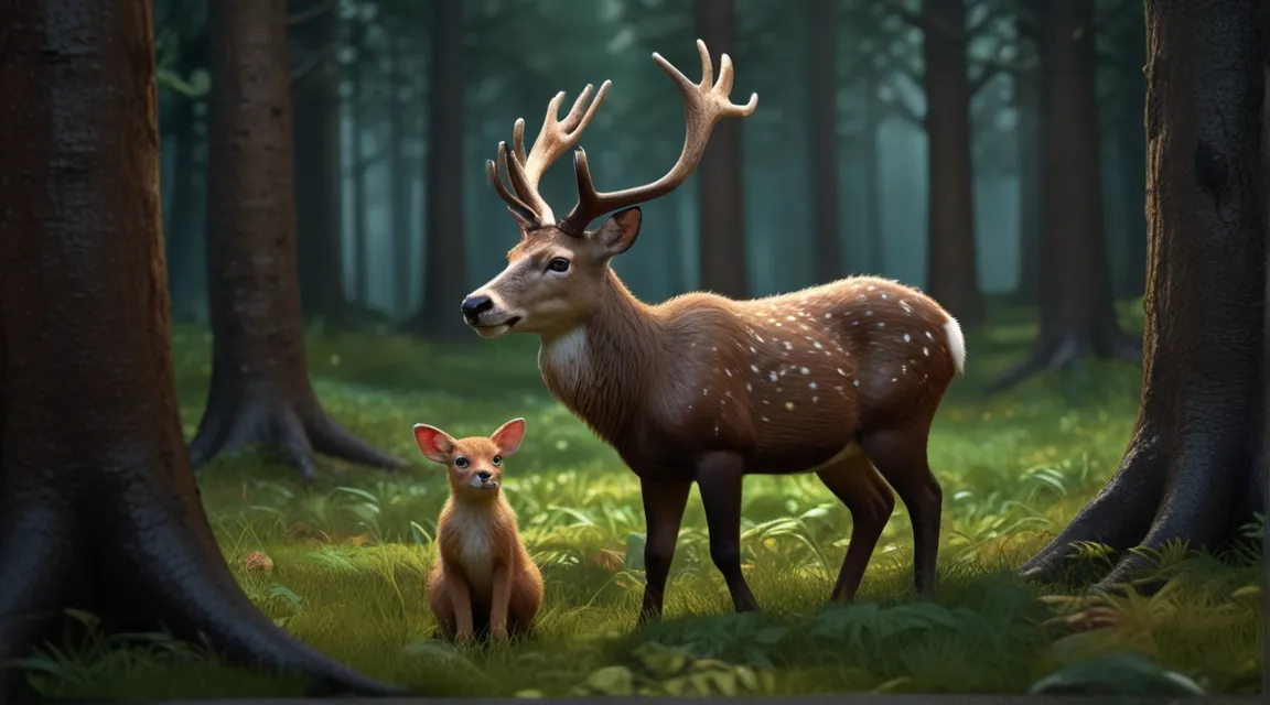 a couple of deer standing next to each other in a forest