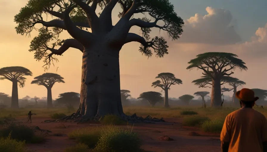 a african man standing in front of a bao tree