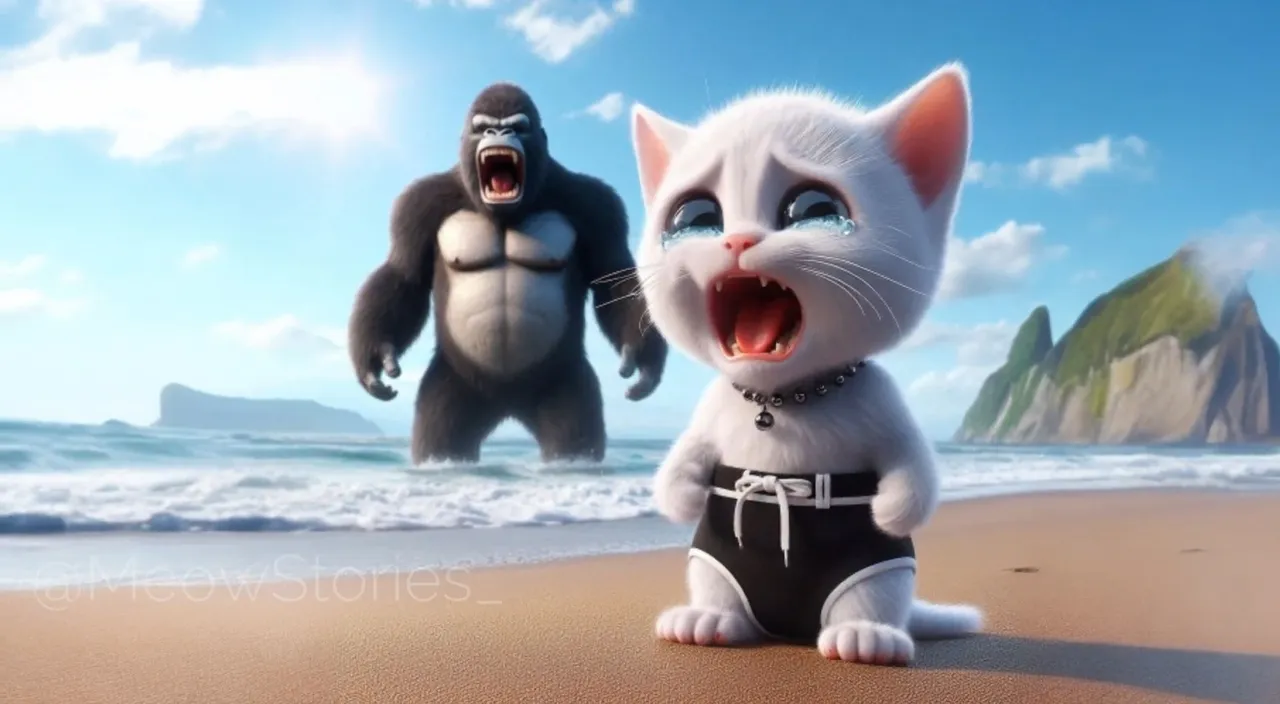 a cat and a gorilla are on the beach