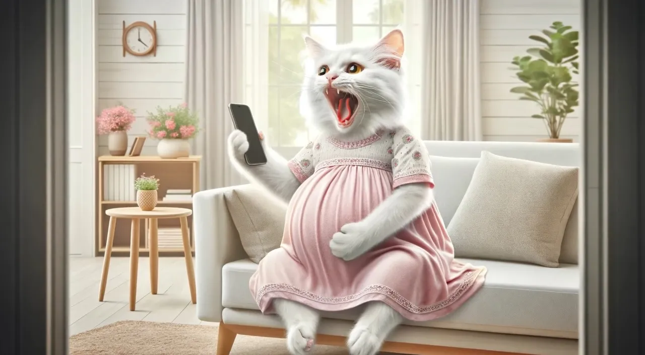 a white cat in a pink dress holding a remote