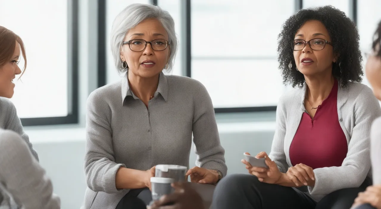 a group of women sitting around a table talking