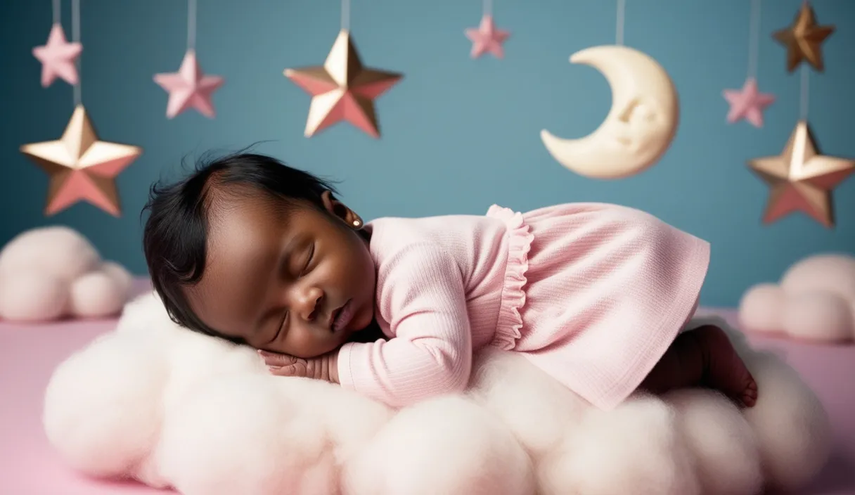 a baby is sleeping on a cloud with stars