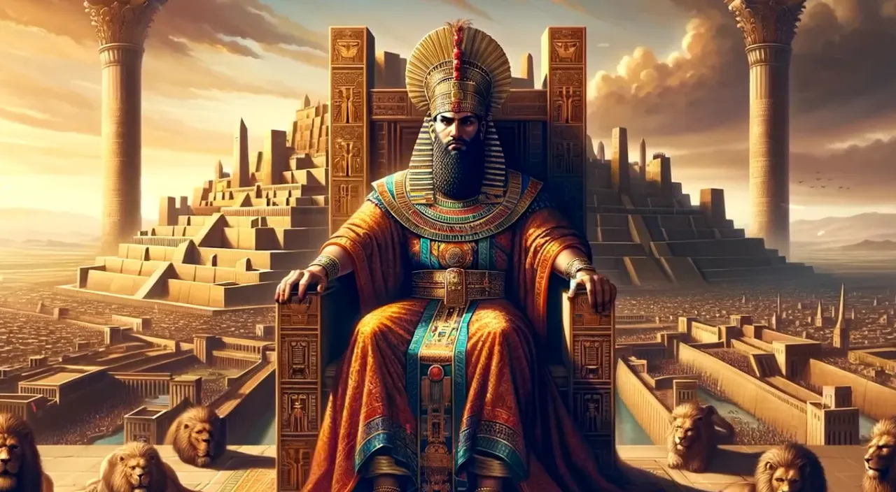 a man sitting on top of a throne in front of a city