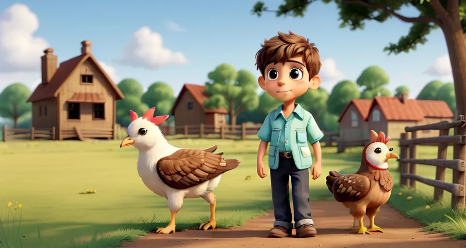 a little boy standing next to two chickens