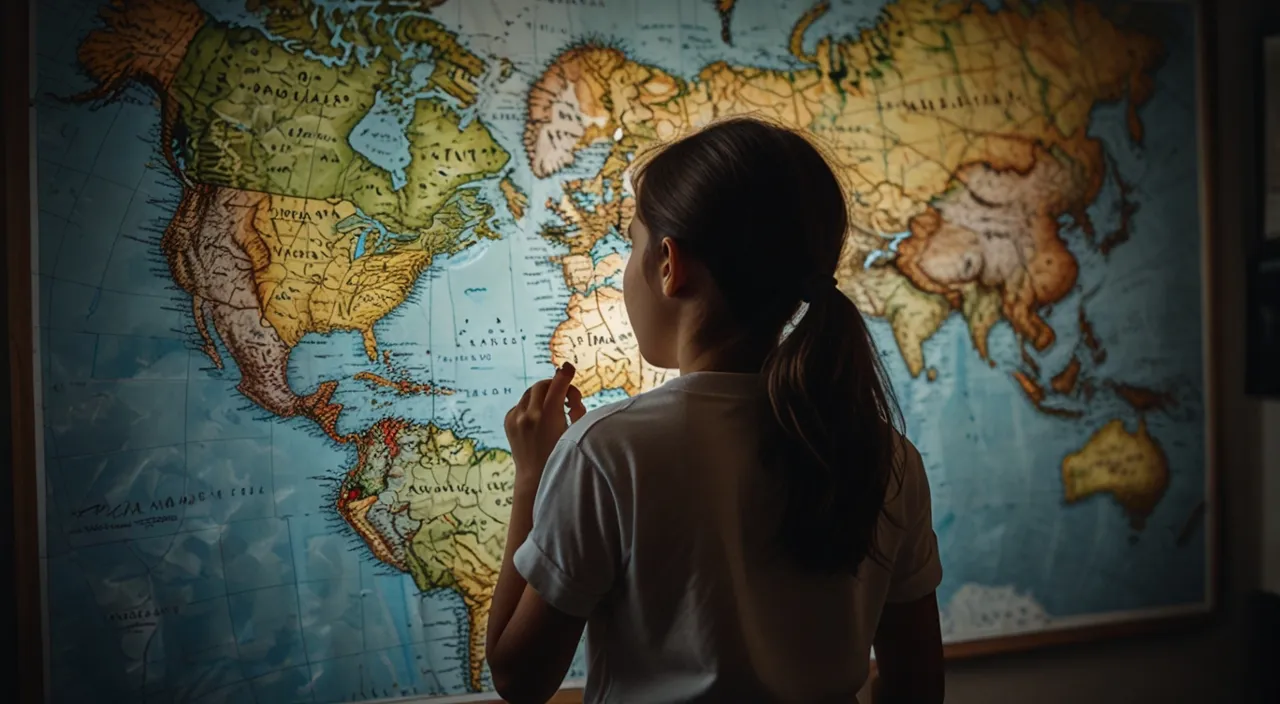 a young girl standing in front of a map of the world