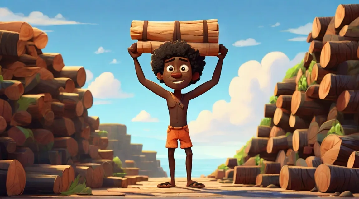 a cartoon character holding a stack of logs, 3d animation