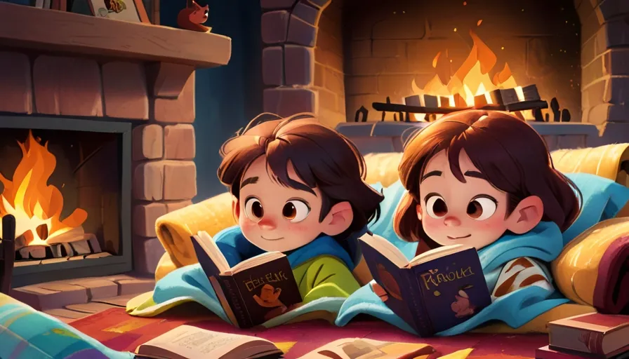 two children reading books in front of a fireplace