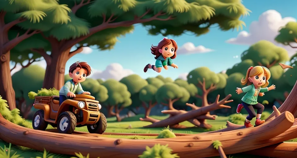 Aria and Ollie navigating through treacherous terrain, leaping over fallen logs and dodging thorny bushes.