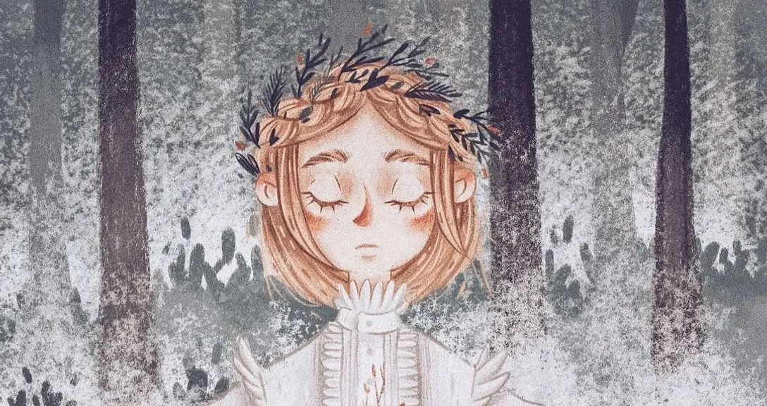 a painting of a girl in a forest with her eyes closed