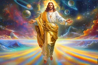 a painting of jesus walking through the sky