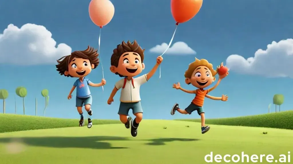 a group of kids running with balloons in the air