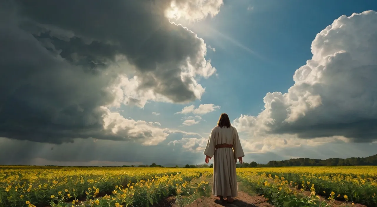 a person standing in a field of flowers under a cloudy sky