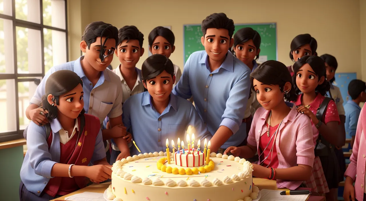 a group of people standing around a birthday cake, slightly moving, very slightly smiling, all looking happy.