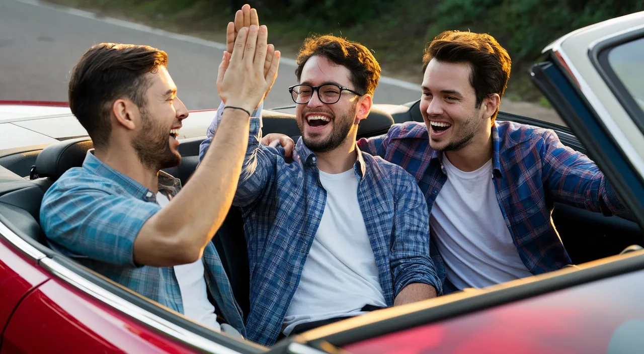 three men sitting in a red car waving