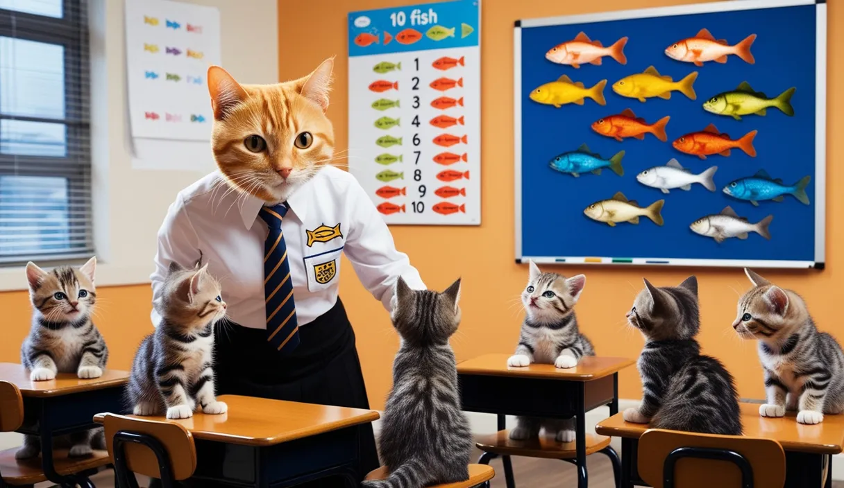 a cat in a tie is standing in front of a group of kittens