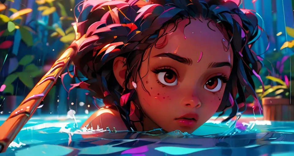 a young girl in a pool of water with a stick at her back