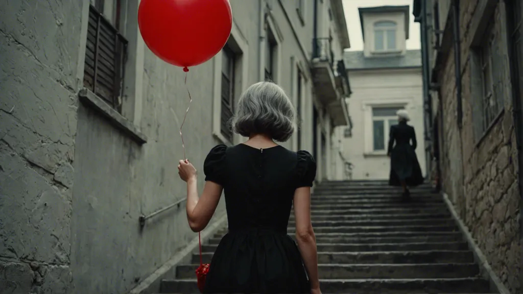 a woman in a black dress walking upstairs holding a red balloon