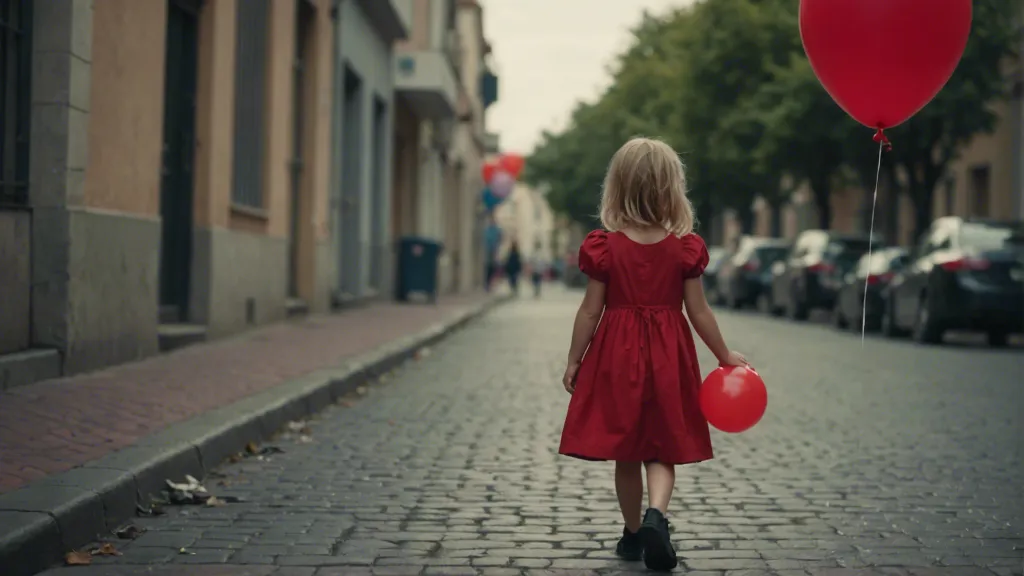 a little girl in a red dress walking down the street holding a red balloon